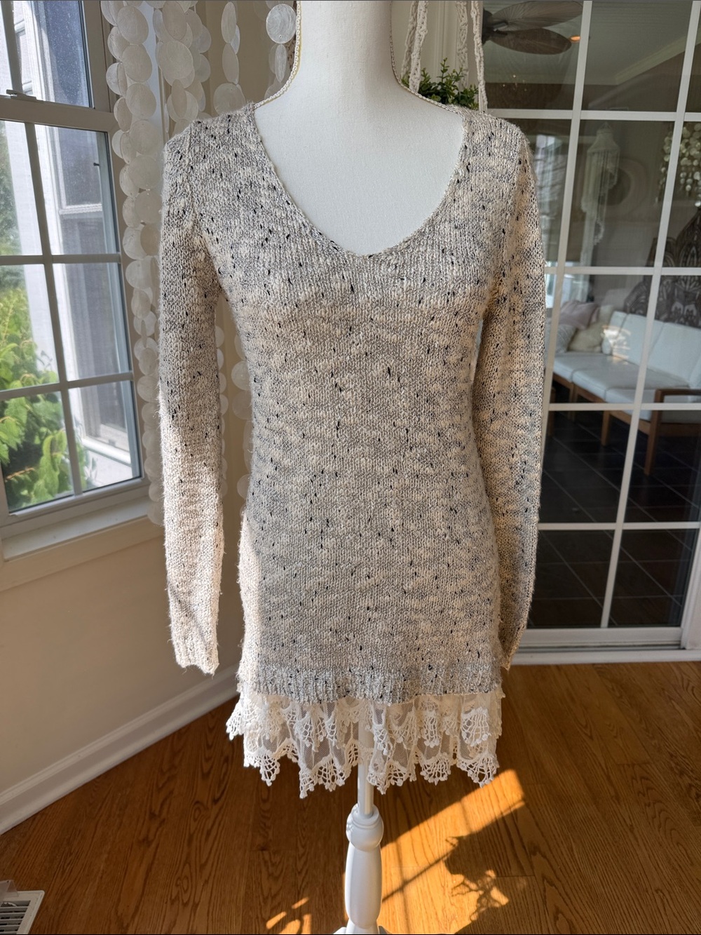 Cozy V-Neck Lace Hem Sweater Dress Tunic - Cream